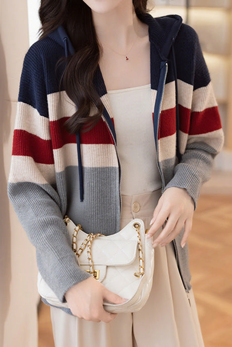 Casual Color-Blocked Loose Hooded Cardigan - liwisi