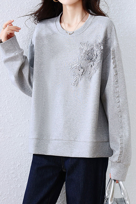 Loose Sweatshirt with Three-Dimensional Flower Embroidery - liwisi
