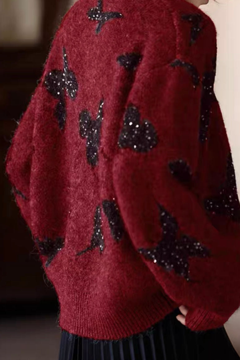 Elegant and Relaxed Yarn-Dyed Cardigan with Butterfly Sequins - liwisi