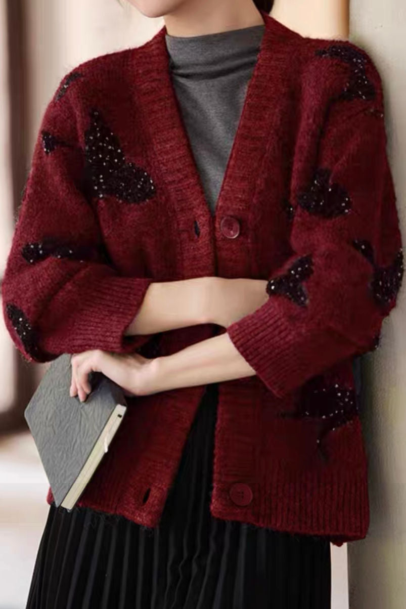 Elegant and Relaxed Yarn-Dyed Cardigan with Butterfly Sequins - liwisi