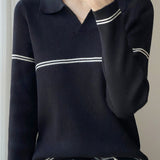 Casual Versatile Color-Block Stripe Collar Pullover Knitwear - liwisi