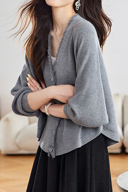 Casual Batwing Sleeve Fringed Knit Cardigan - liwisi
