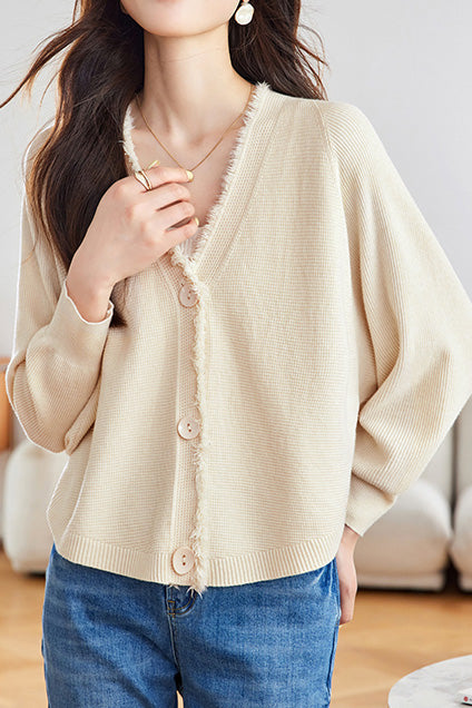 Casual Batwing Sleeve Fringed Knit Cardigan - liwisi