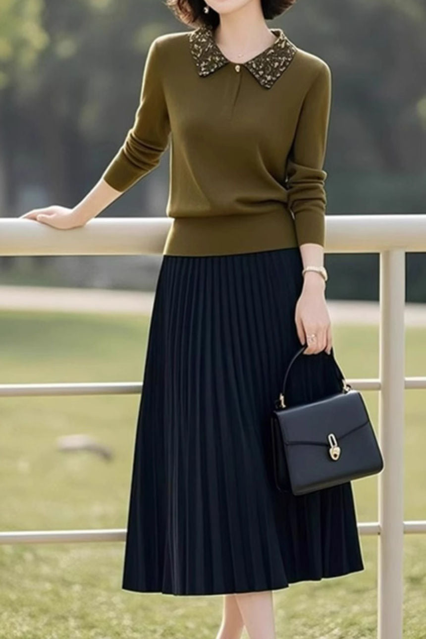 Casual Commuting Long-Sleeve Knitted Sweater and Pleated Midi Skirt Set - liwisi
