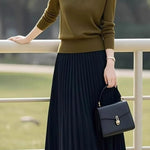 Casual Commuting Long-Sleeve Knitted Sweater and Pleated Midi Skirt Set - liwisi