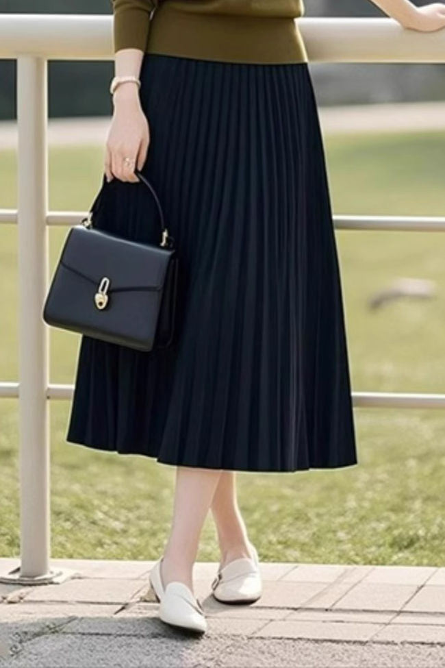 Casual Commuting Long-Sleeve Knitted Sweater and Pleated Midi Skirt Set - liwisi