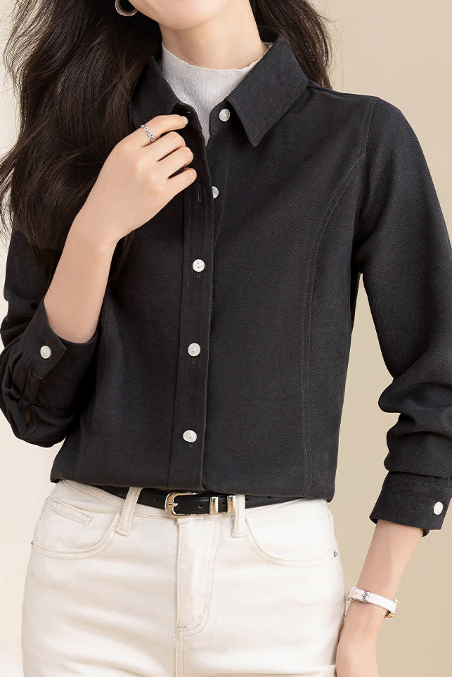 Brushed Velvet Solid Color Long Sleeve Shirt - liwisi