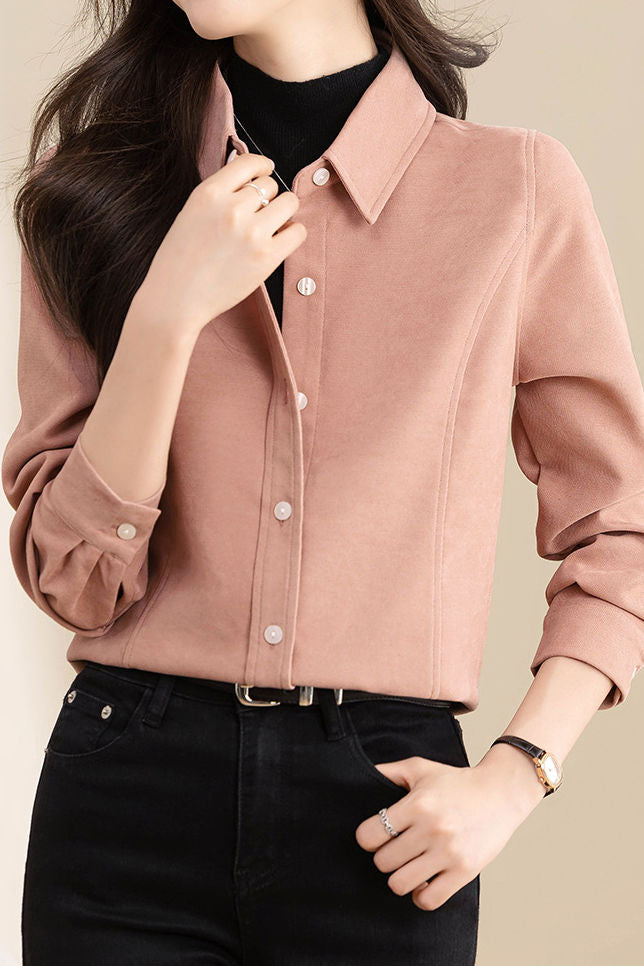Brushed Velvet Solid Color Long Sleeve Shirt - liwisi