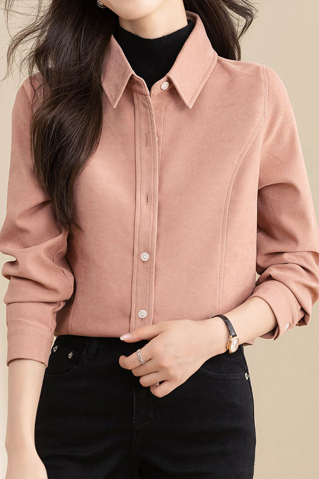 Brushed Velvet Solid Color Long Sleeve Shirt - liwisi