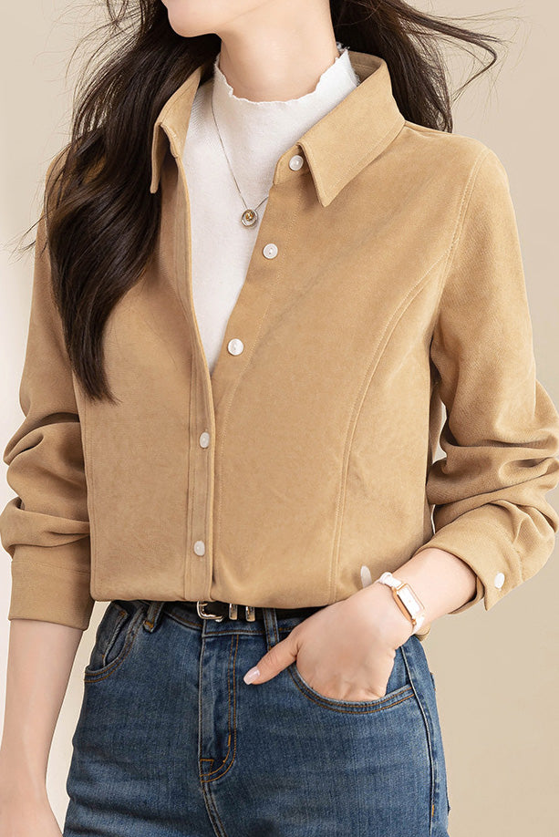 Brushed Velvet Solid Color Long Sleeve Shirt - liwisi