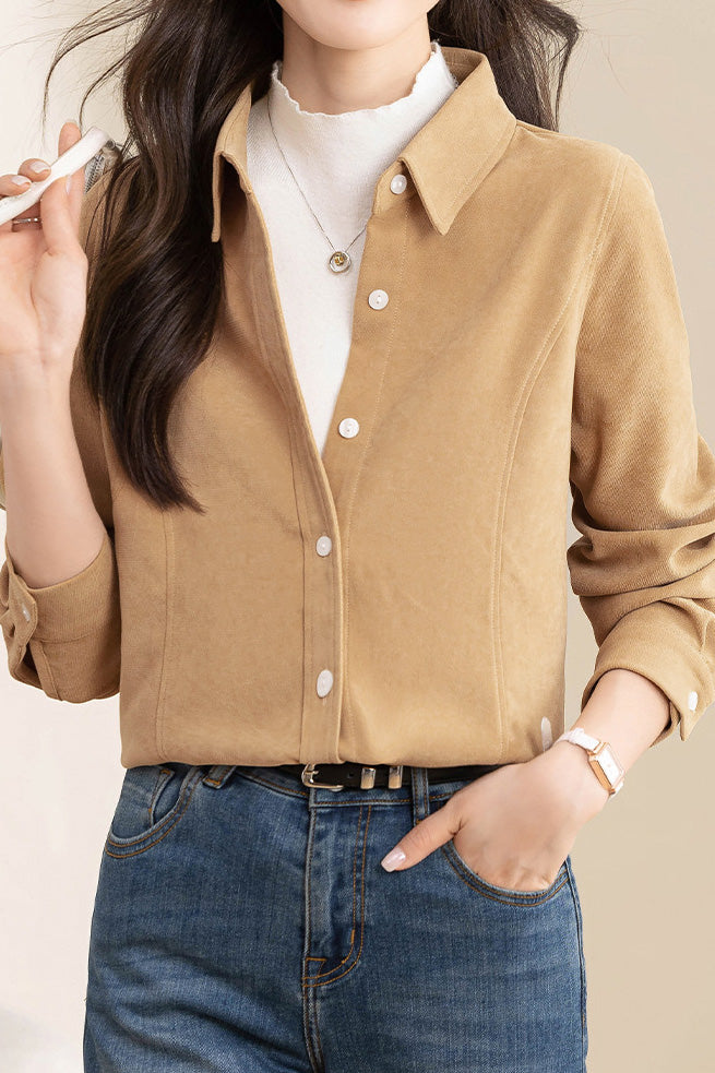 Brushed Velvet Solid Color Long Sleeve Shirt - liwisi