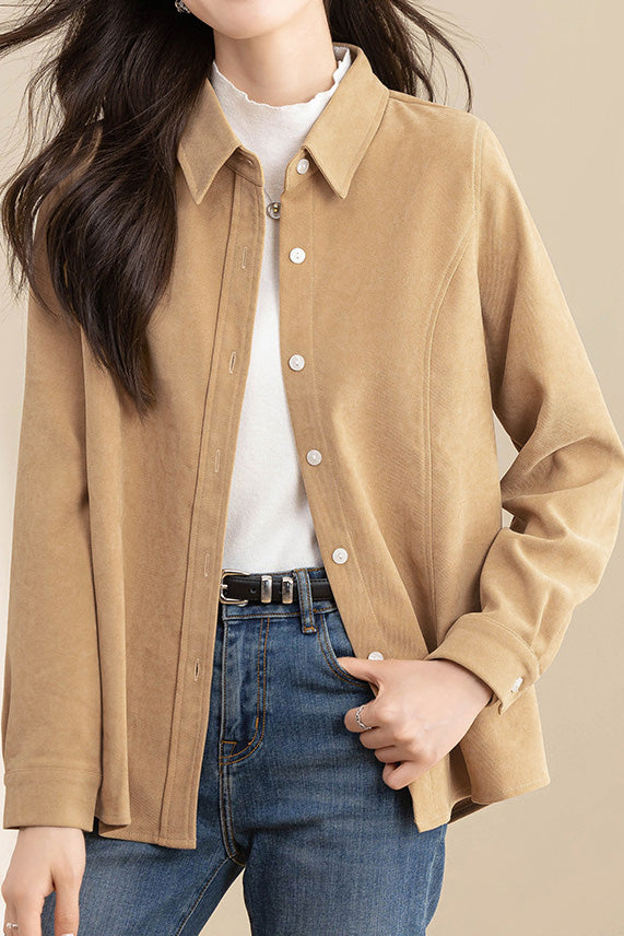 Brushed Velvet Solid Color Long Sleeve Shirt - liwisi