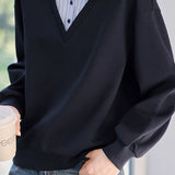 Color Block Faux Two-Piece Collared Sweatshirt - liwisi