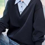 Color Block Faux Two-Piece Collared Sweatshirt - liwisi