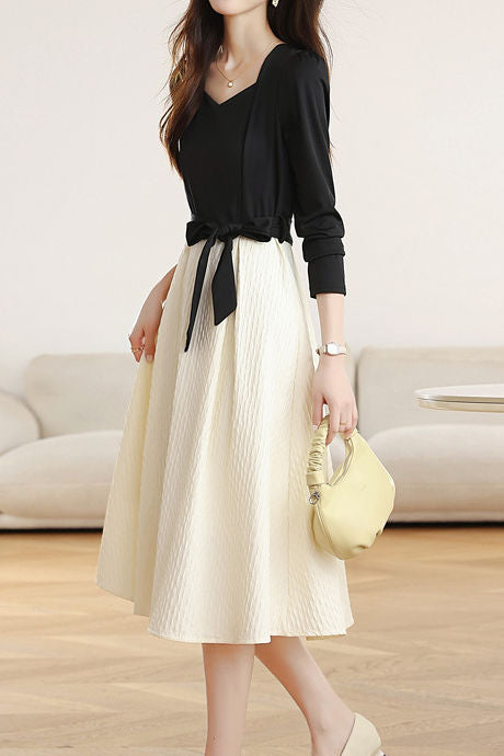 Elegant Faux Two-Piece Color Block A-Line Dress - liwisi