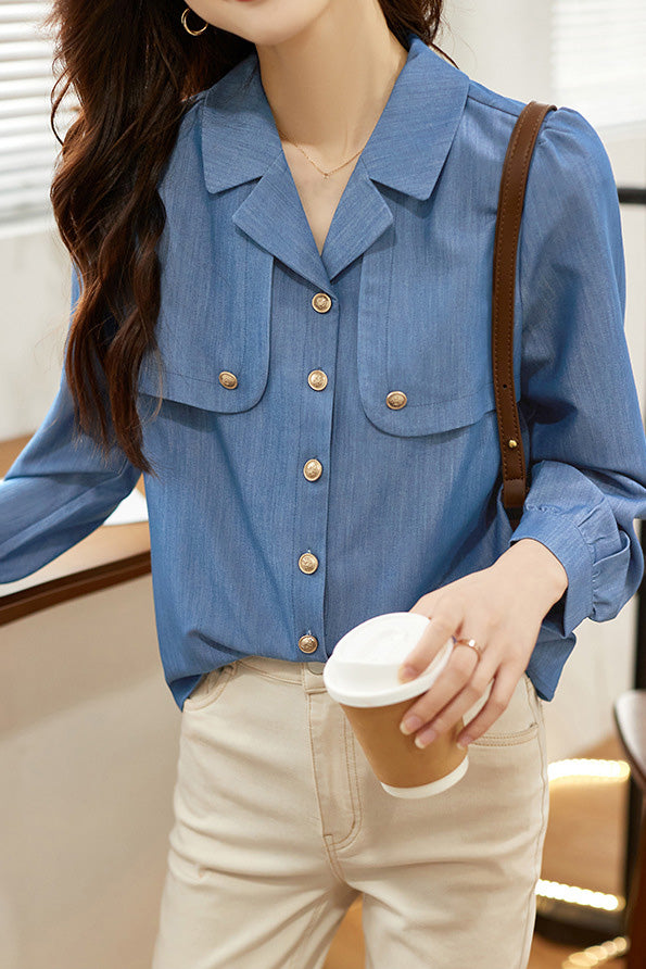 Casual Commuter Tencel Denim Collared Puff Sleeve Shirt - liwisi