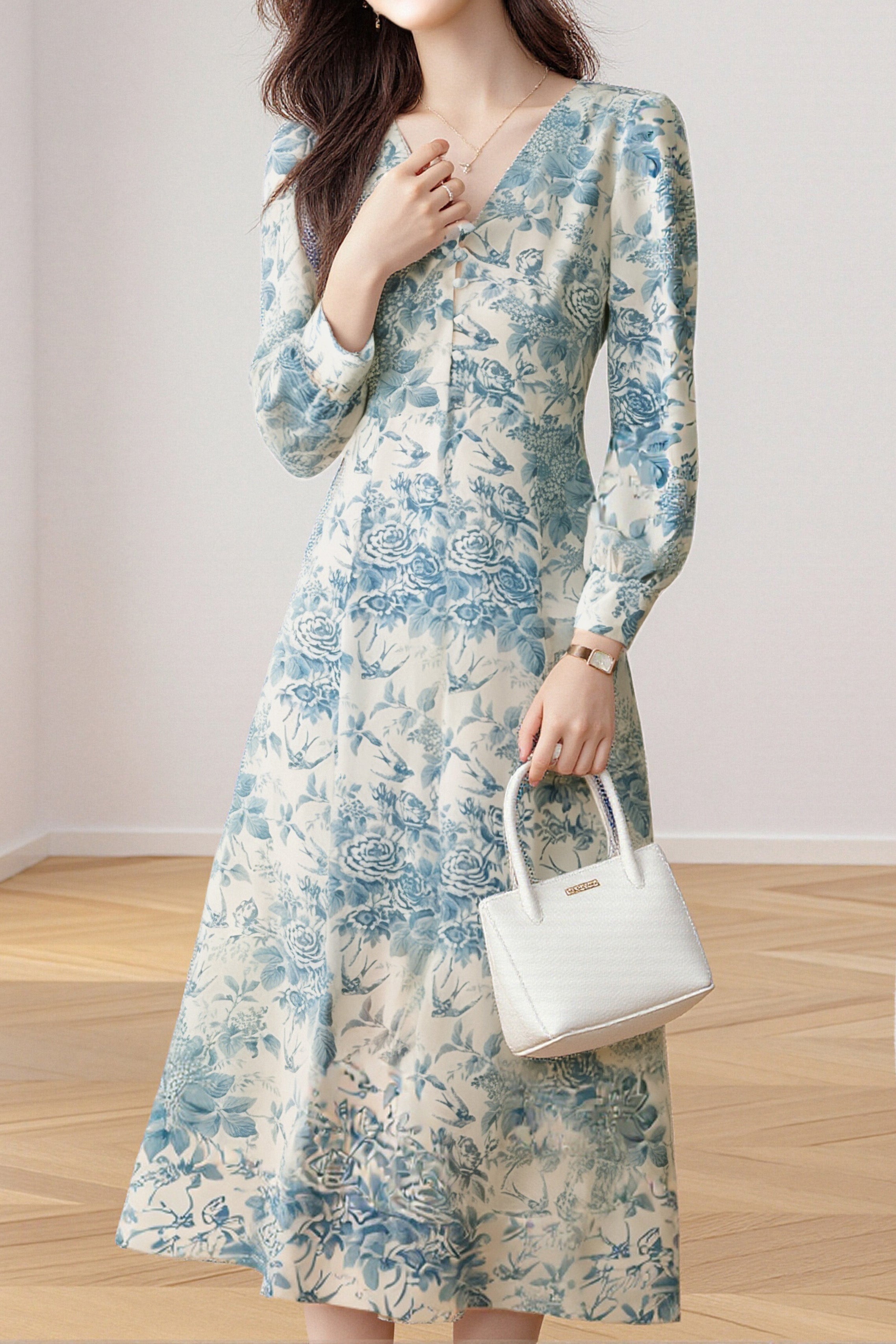 Elegant Printed Long Sleeve A-Line Dress liwisi Elegant Printed Long Sleeve A-Line Dress liwisi