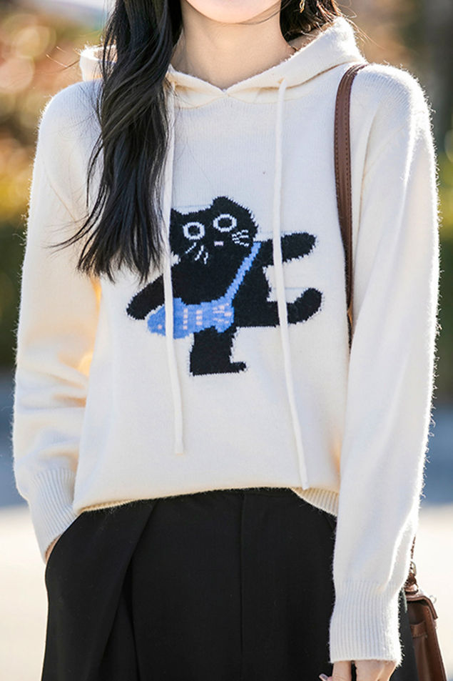 Minimalist Hooded Knit Sweatshirt with Cat Pattern - liwisi