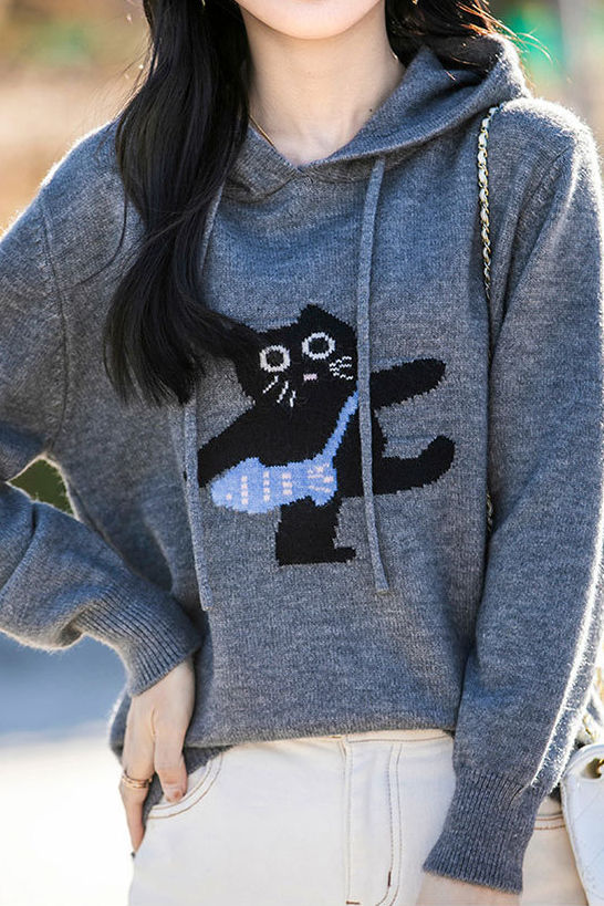 Minimalist Hooded Knit Sweatshirt with Cat Pattern - liwisi