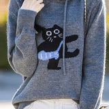 Minimalist Hooded Knit Sweatshirt with Cat Pattern - liwisi