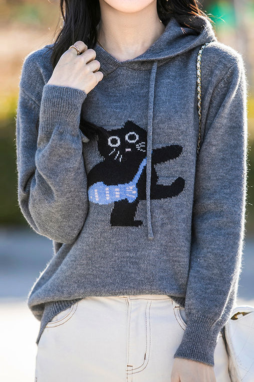 Minimalist Hooded Knit Sweatshirt with Cat Pattern - liwisi