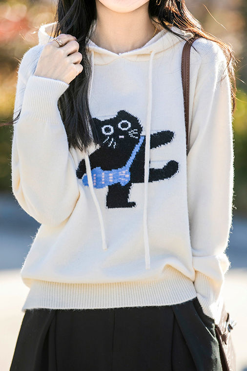 Minimalist Hooded Knit Sweatshirt with Cat Pattern - liwisi