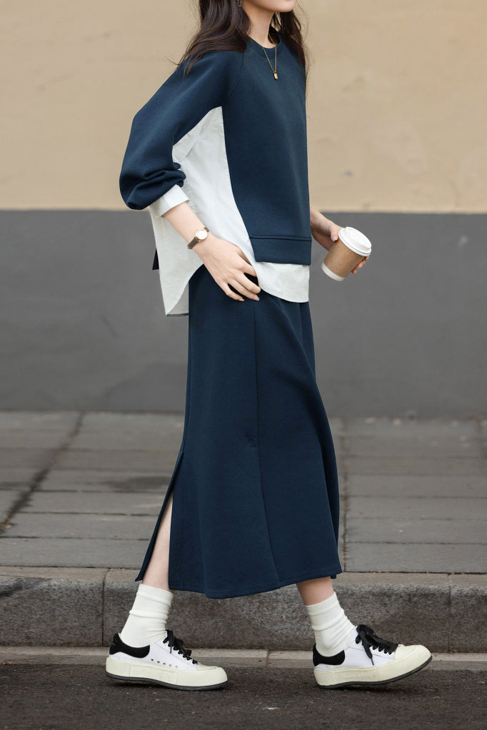 Casual Color Block Sweatshirt and Skirt Set - liwisi