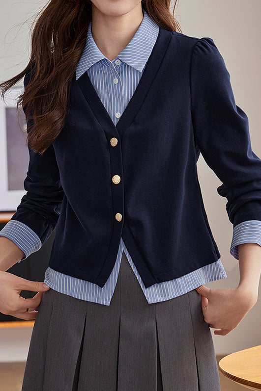 Casual Commuter Faux Two-Piece Striped Knit Top - liwisi