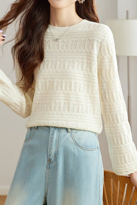 Casual Round Neck Jacquard Hollow Knit Top - liwisi
