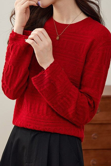 Casual Round Neck Jacquard Hollow Knit Top - liwisi