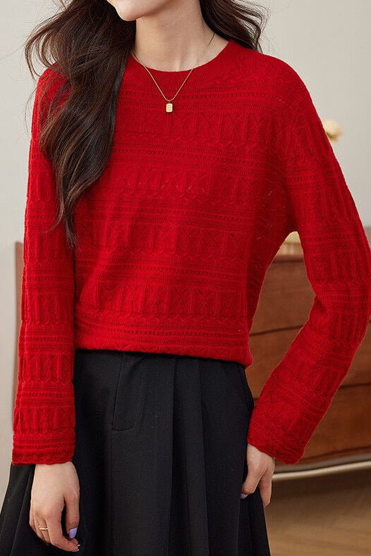 Casual Round Neck Jacquard Hollow Knit Top - liwisi