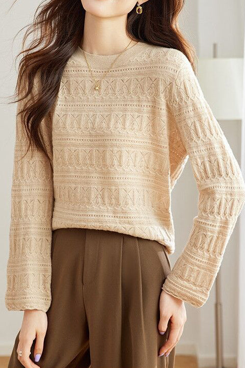 Casual Round Neck Jacquard Hollow Knit Top - liwisi