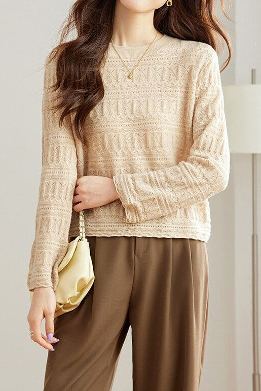 Casual Round Neck Jacquard Hollow Knit Top - liwisi