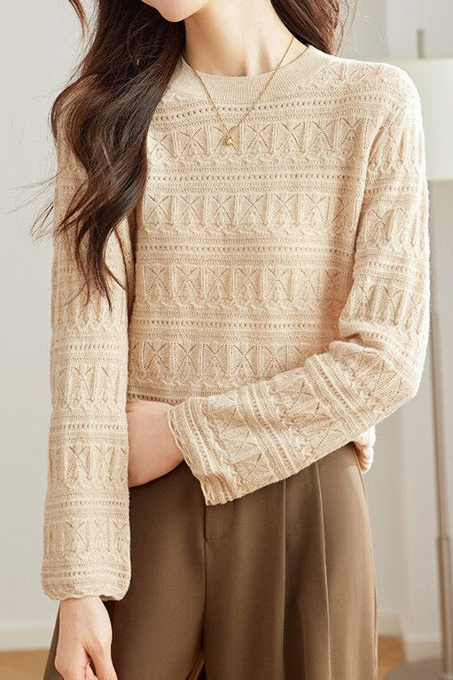 Casual Round Neck Jacquard Hollow Knit Top - liwisi
