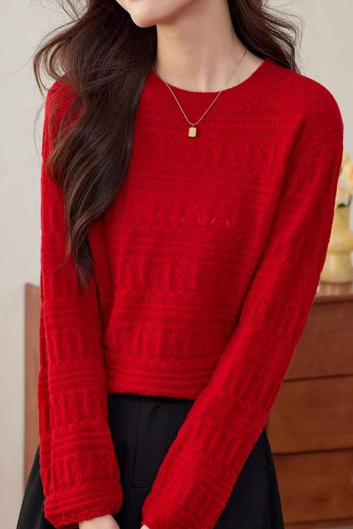 Casual Round Neck Jacquard Hollow Knit Top - liwisi