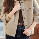 Casual Loose Collared Short Plush Warm Knit Jacket - liwisi