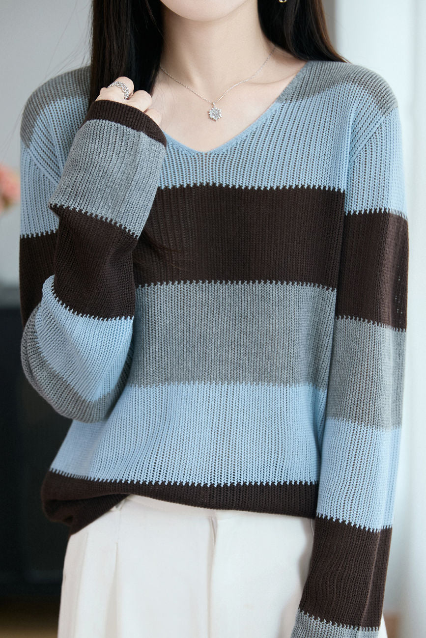 Casual Loose Color-Blocked Striped Hollow Knit Top - liwisi