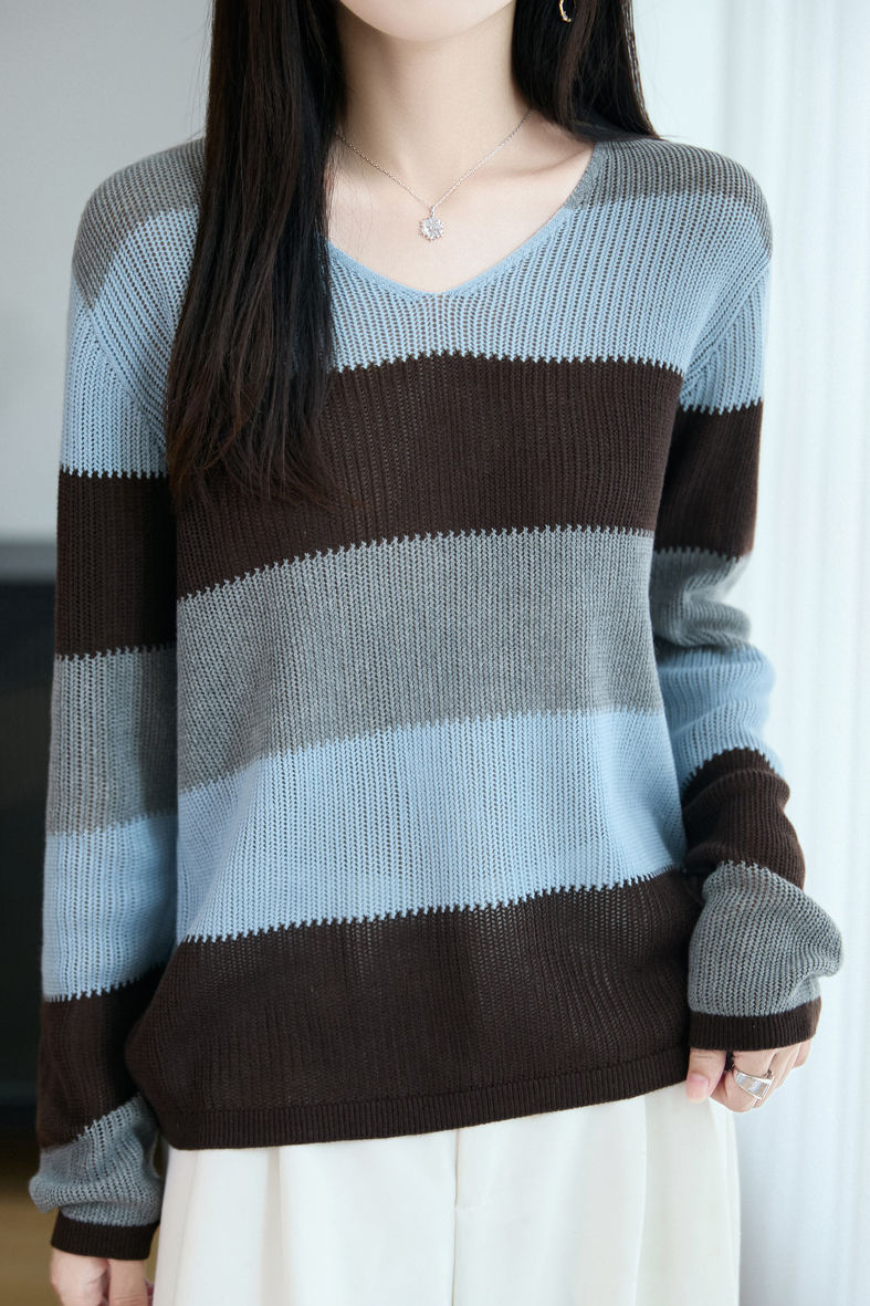 Casual Loose Color-Blocked Striped Hollow Knit Top - liwisi