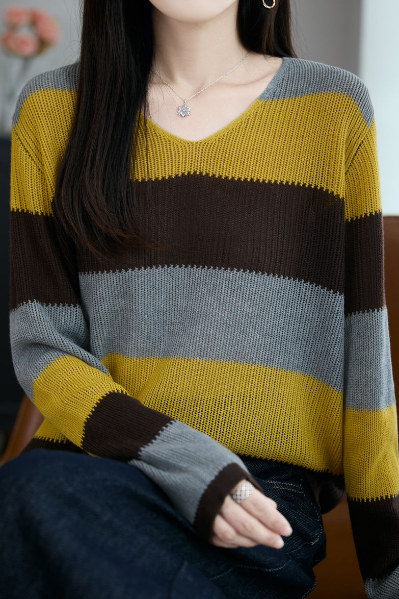 Casual Loose Color-Blocked Striped Hollow Knit Top - liwisi