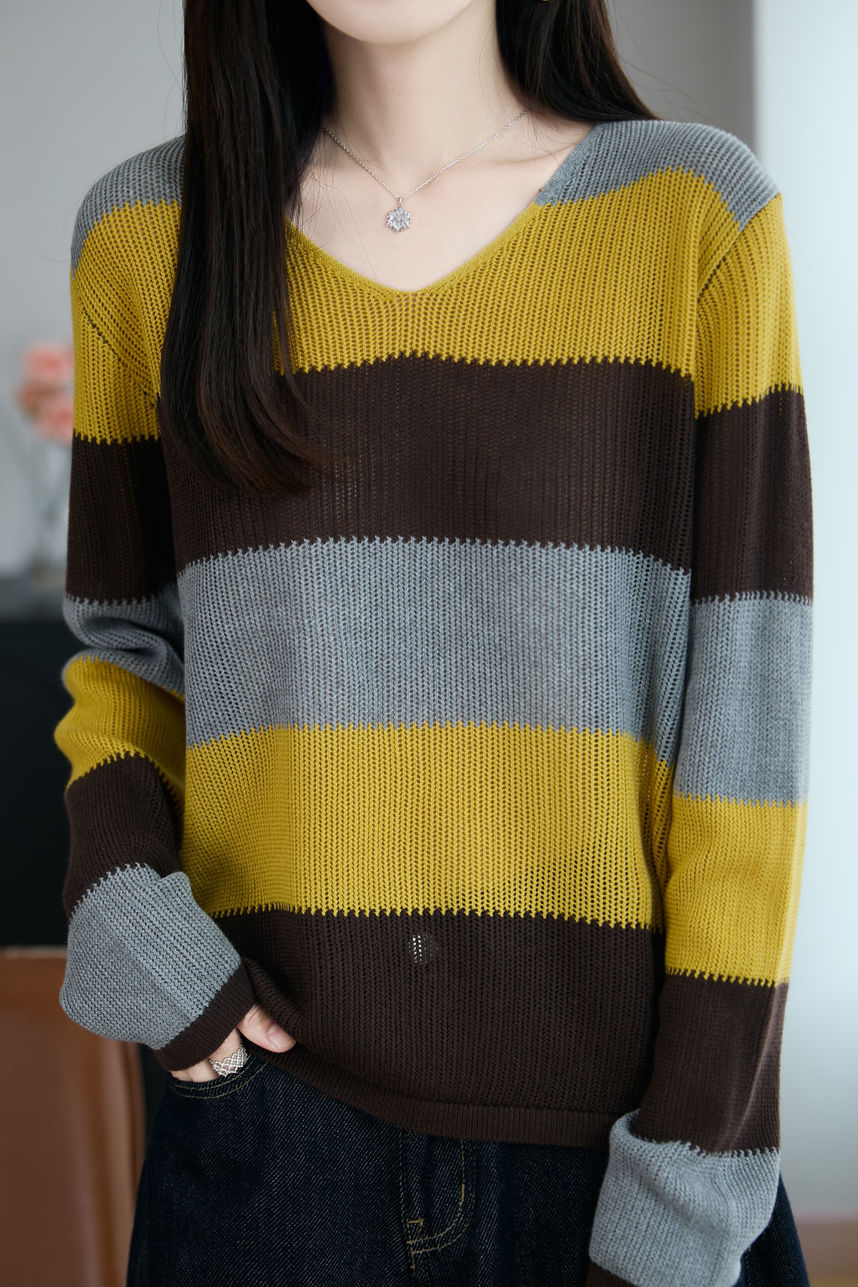 Casual Loose Color-Blocked Striped Hollow Knit Top - liwisi