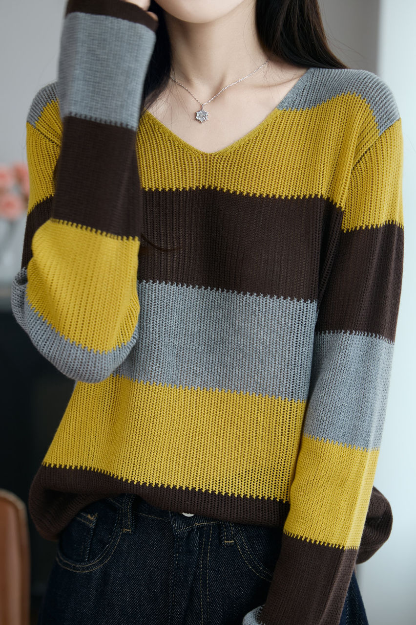Casual Loose Color-Blocked Striped Hollow Knit Top - liwisi