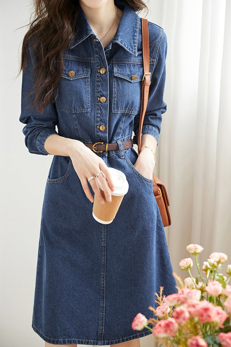 Casual Collared Waist-Defined Denim Dress - liwisi