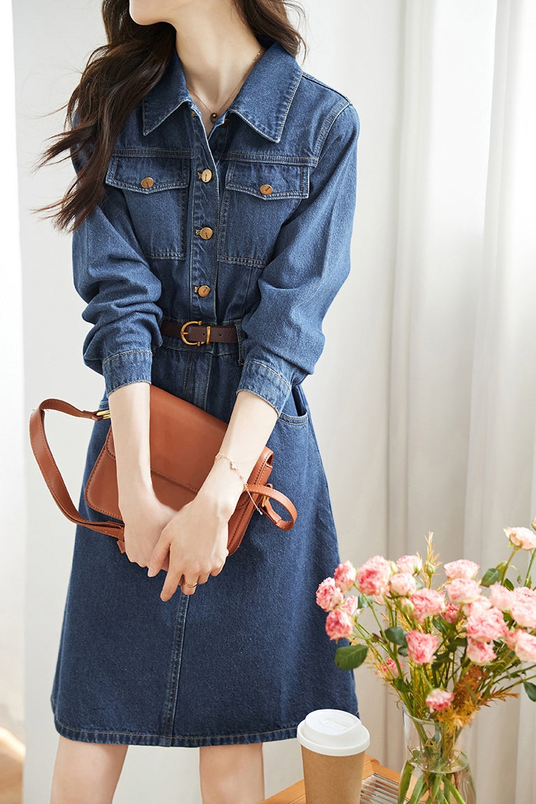 Casual Collared Waist-Defined Denim Dress - liwisi