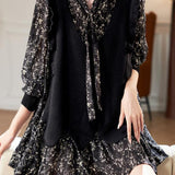 Faux Two-Piece Patchwork Floral Long Sleeve Dress