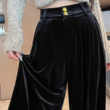 Casual Commuter Velvet Pleated Wide-Leg Trousers