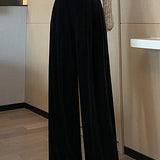 Casual Commuter Velvet Pleated Wide-Leg Trousers