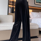 Casual Commuter Velvet Pleated Wide-Leg Trousers