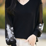 Exquisite V-Neck Embroidered Long Sleeve Knit Top