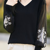 Exquisite V-Neck Embroidered Long Sleeve Knit Top