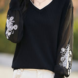 Exquisite V-Neck Embroidered Long Sleeve Knit Top